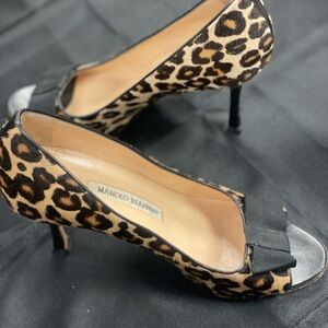 Manolo Blahnik Animal Print Open Toe Heels - size 37